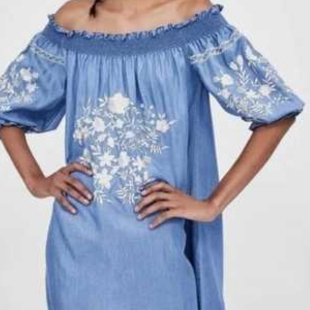 ZARA Boho Embroidered Off-The-Shoulder Denim Dress | Light Wash Blue | S